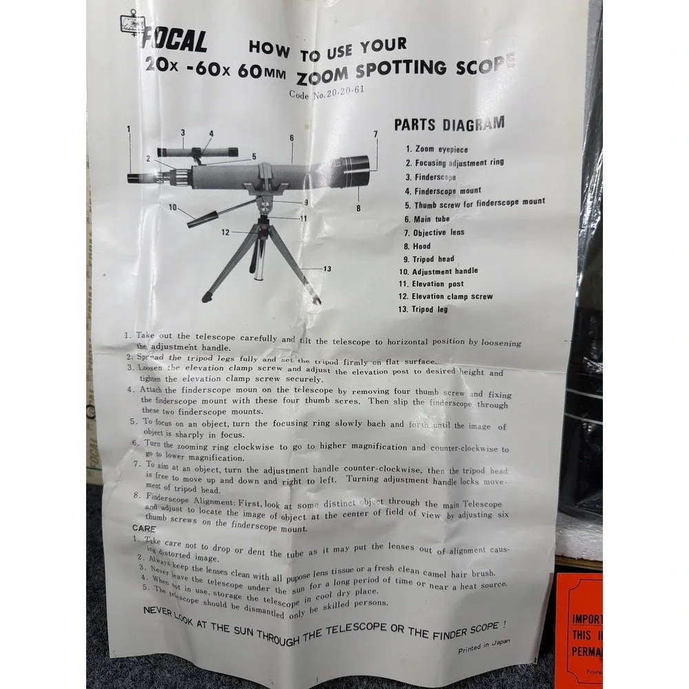 Vintage Focal 20x-60x 60mm Zoom Spotting Scope Telescope Tripod Japan 20-20-61